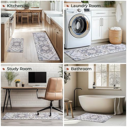 FRESHMINT Boho Kitchen Mat Set 2 Piece, 17x30''+17x47'', Gray - color: Gray Multi