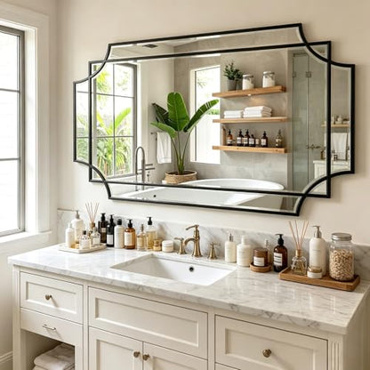 59"x30" Large Rectangle Beveled Mirror with Geometric Wood Frame - color: Black, size: 59"L x 30"W