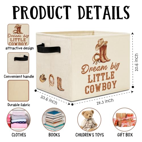 Western Cowboy Nursery Storage Bins Box with Handles, Dream Big Little Cowboy Southwestern Laundry Basket Hamper Collapsible Clothes Toys Organizer for Boys Kids Room Bathroom - color: Little Cowboy