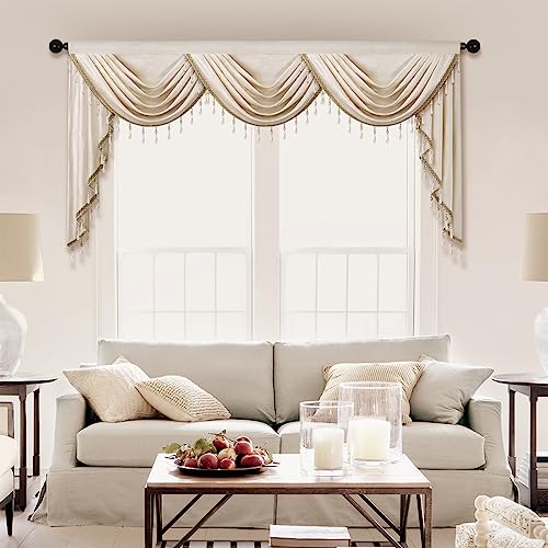 ELKCA Luxury Cream Velvet Curtain Valances for Living Room with Beads(98inch,1 Panel) - color: Cream, size: 98"W x 43"L (Pack of 1)