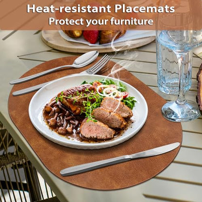 ADRIMER Oval Placemats Set of 6, Wipeable Faux Leather, Turmeric Brown - color: Turmeric Brown