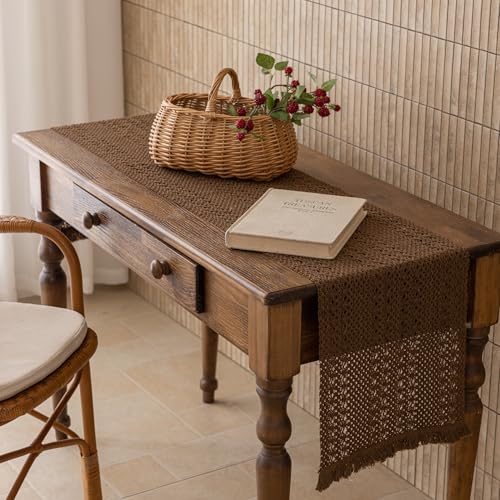 Fall Thanksgiving Boho Macrame Brown Table Runner 13x60 Inch - color: Brown, size: 60"L