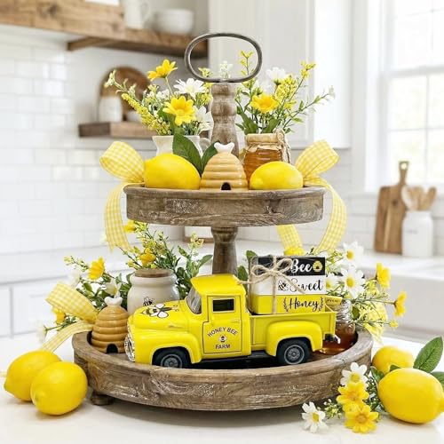 5.7in Bee Truck Decor with Sweet Honey Blocks, Yellow Metal Pickup - color: Yellow
