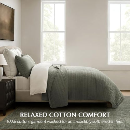 EVERGRACEHOME 100% Cotton Modern Lines Quilt Set Queen Size, Olive Green - color: Olive Green, size: Full/Queen (92" X 92")