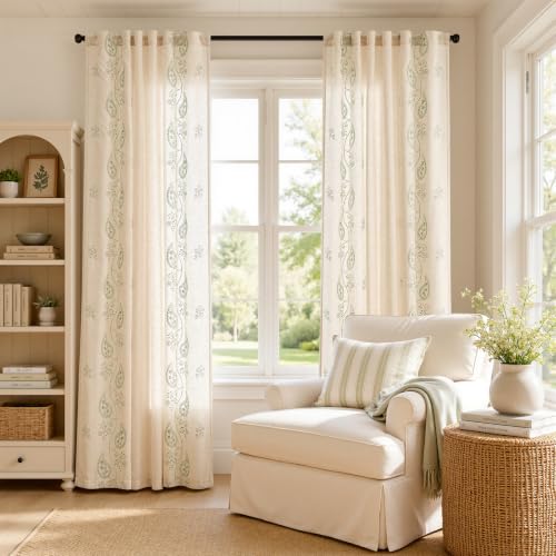 jinchan Linen Curtains 84 Inch Sage Floral Drapes Back Tab 2 Panels Set - color: Sage on Beige, size: 50"W x 84"L (Pack of 2)