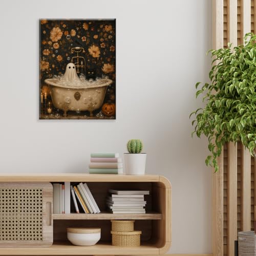 Halloween Wall Art Decor Ghost Black Cat Bubble Bath Canvas Print Framed - color: M