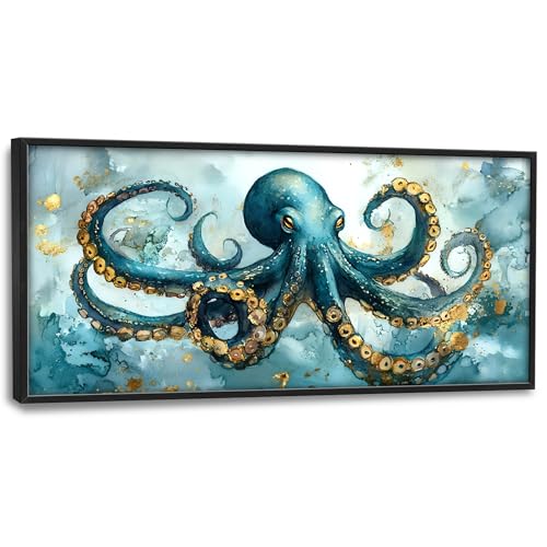 Octopus Large Decor Framed Wall Art Blue and Gold Pictures for Living Room, Ocean Nautical Oversized Canvas Print Painting Modern Extra Large Framed Artwork for Bedroom Office Home Decor 60"x30" - color: Blue Octopus, size: 60"L x 30"W