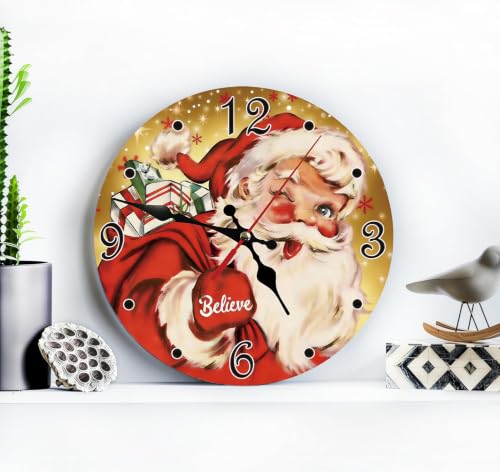 Vintage Santa Claus Silent Non Ticking Wall Clock 12 Inch, Battery Operated, Christmas Gold Round Wood Wall Clocks, Decorative for Living Room, Kitchen, Bedroom, Bathroom, Dining Room, Gifts - color: Vintage Santa Claus-christmas Gold