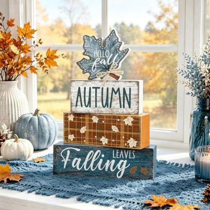 4Pcs Fall Table Decoration Fall Wood Signs Blue Maple Leaves Sign - style: Blue Maple Leaves