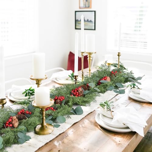 DearHouse 6Ft Pine Garland Christmas Decoration, Artificial Red Berry Christmas Garland with Eucalyptus Pine Cones Cypress Garland for Holiday Season Mantel Fireplace Table Centerpiece Decor