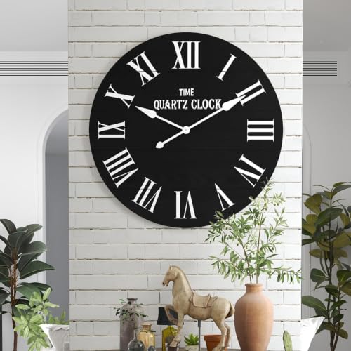 ARTPOWER 35.5" Extra Large Farmhouse Wall Clock,Solid Wood Veneer,Black - color: Black, size: 35.5"W x 35.5"H