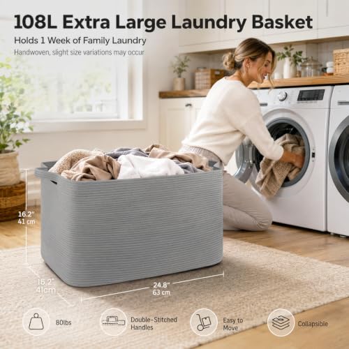 OIASKET 108L Extra Large Blanket Basket Living Room, 24.8" x 16.2" x 16.2" - color: Light Grey, size: 24.8" x 16.2" x 16.2"