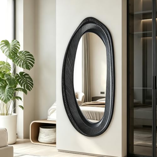 POZINO 55"x24" Large Irregular Wall Mirror, Black Asymmetrical Oval Mirror - size: 55"L x 24"W