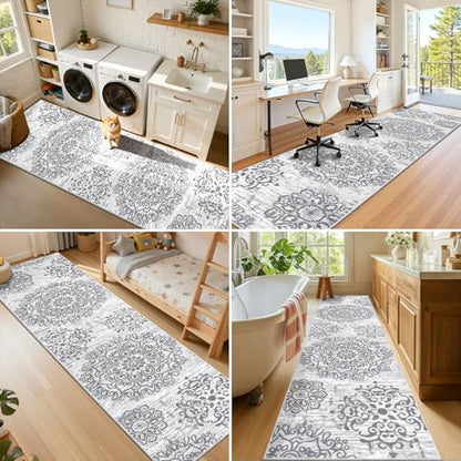 HEBE Hallway Runner Rug 3'x12', Washable Non Slip Kitchen Rug Runner - color: Grey, size: 3' x 12' (Rectangular)