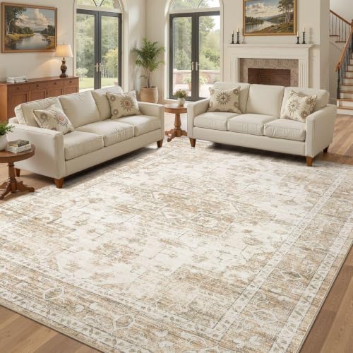 12x15 Area Rug: Washable Neutral Large Beige Rugs for Living Room - color: Beige, size: 12' x 15' (Rectangular)