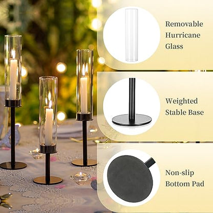Hewory Black Candlestick Holders: 6PCS Glass Hurricane with Metal Base - color: Black, size: 6pcs