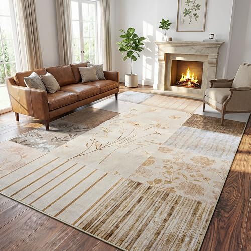 6'x9' Beige Modern Geometric Patchwork Floral Area Rug - color: Beige, size: 6' x 9' (Rectangular)
