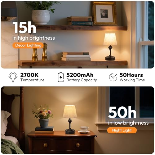 NIORSUN Portables Cordless Table Lamp Set of 2,10.2" Flaxen Fabric Shade Battery Operated Lamp,5200mAh Bedside Table Lamp with Warm White,3 Way Dimmable Touch Desk Lamp for Living Room (Black) - size: 2Pack-10.2in