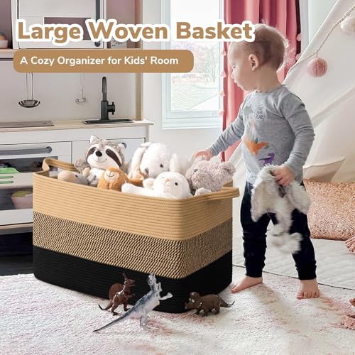 Goodpick 85L Large Woven Blanket Basket, Rectangle, Black Jute - color: Black Jute, size: X-Large(23.6"L x 15.7"W x 13.8"H)
