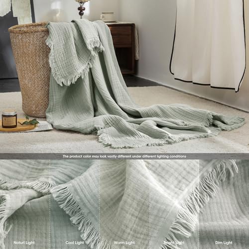 FOSSA Muslin Blanket: 4-Layer 100% Cotton Gauze Blanket with Fringe 98"x98" - color: Sage Green, size: Oversize Queen(98" × 98")