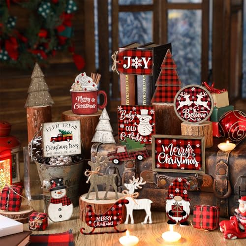 Shellwei 21 Pcs Christmas Tiered Tray Decor Set Wood Rustic Buffalo Plaid Christmas Decoration Winter Farmhouse Decor Xmas Trees Gnome Elk Snowflake Signs for Table Shelf Home Centerpiece (Plaid) - style: Plaid
