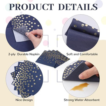 80 Pack of Paper Cocktail Napkins with Gold Foil Polka Dot Confetti，Polka Dot Party Supplies(5 x 5 in，2-ply) (80, blue gold) - style: Blue Gold Dot