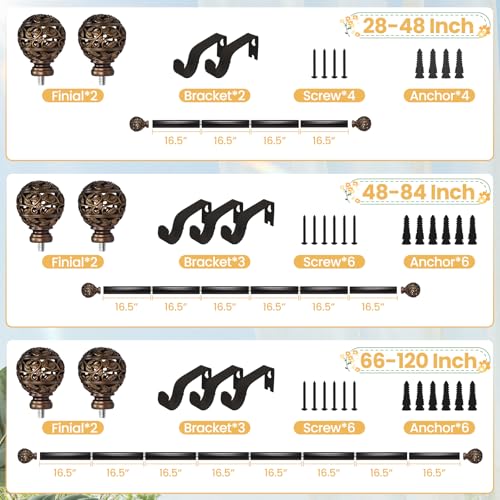 Brown Curtain Rod 66-120 Inch Heavy Duty Branch Leaf Finial - color: Brown, size: 66-120"