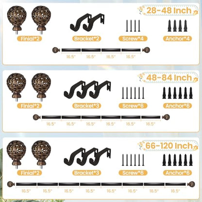 Brown Curtain Rod 48-84 Inch Heavy Duty Branch Leaf Finial - color: Brown, size: 48-84"