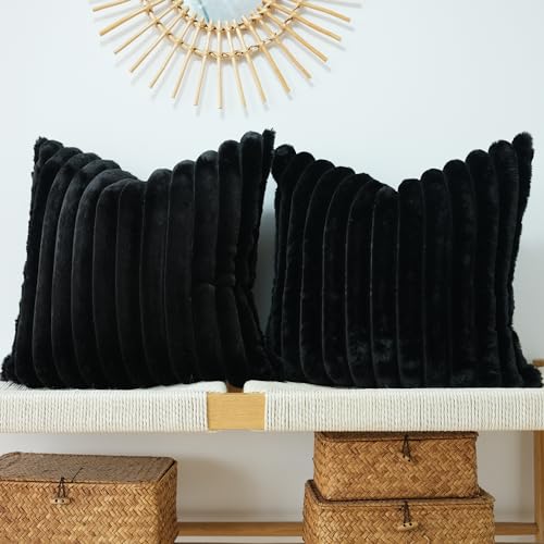 JOJUSIS Faux Fur Plush Throw Pillow Covers, Black, 20 x 20-Inch - color: Black, size: 20" x 20" (Pack of 2)