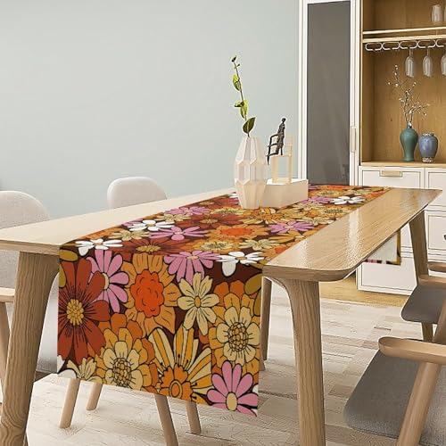 Retro 70s Floral Table Runner Hippie Summer Groovy Boho 60s Flower Dinner Runner for Home Kitchen Dining Table Party Decor 13"x36" - color: Orange-2, size: W13"x L36"