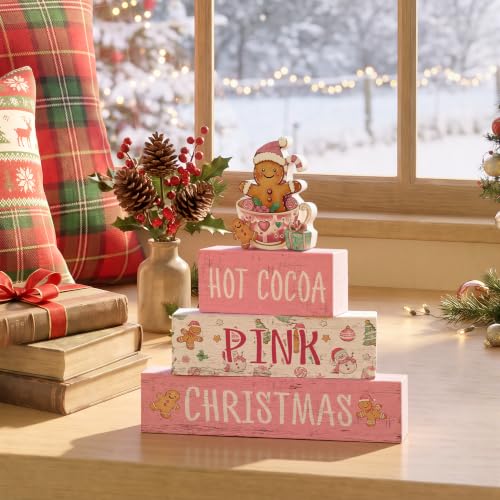 Smile 4 Wooden Christmas Signs, Hot Cocoa Pink Gingerbread Decor - style: Pink Christmas