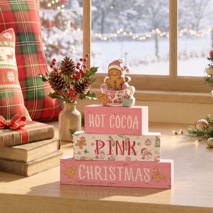 Smile 4 Wooden Christmas Signs, Hot Cocoa Pink Gingerbread Decor - style: Pink Christmas