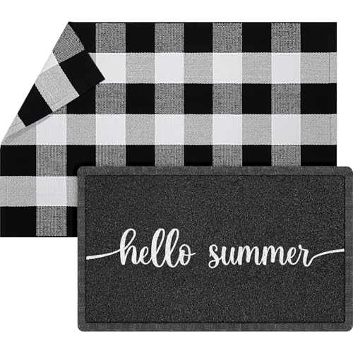 Geelin 2 Pcs Hello Summer Doormat, Black and White Buffalo Plaid Rug Set - style: Hello Summer