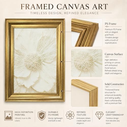 yByCute White Floral Wall Art, Gold-Tone Framed Canvas, 8 x 10 Inches