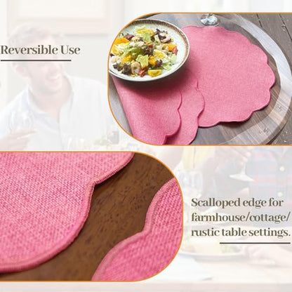 AHHFSMEI Round Scalloped Placemats Set of 6 15 Inch Faux Linen - color: Pink