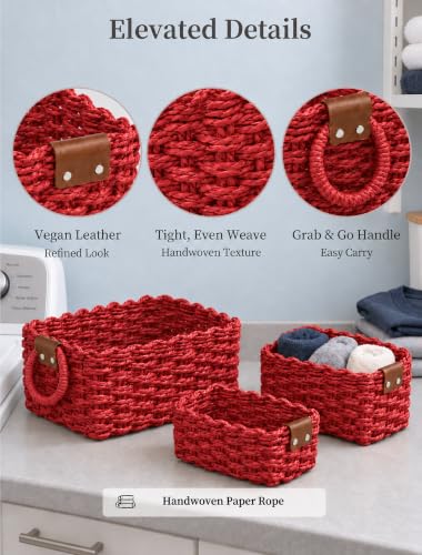 Small Wicker Baskets, 3 PCS Paper Rope Baskets for Shelves, Red - color: Red
