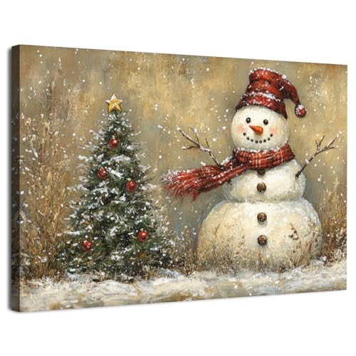 Rustic Christmas Wall Decor Pine Tree Snowman Picture for Living Room Retro Christmas Tree Poster Bedroom Abstract Snowy Winter Scene Canvas Prints Painting Holiday Artwork Xmas Home Decoration 12x16" - color: Snowman Tree, size: 16"L x 12"W