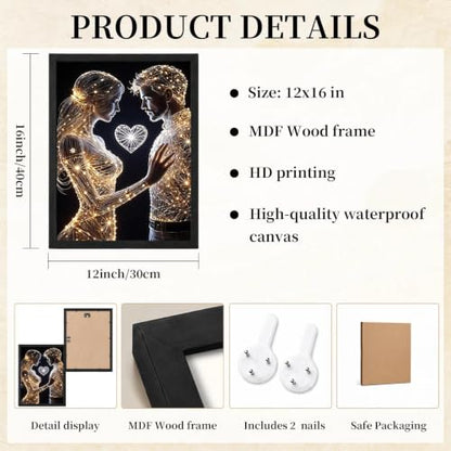 Black Framed Couple Wall Art, Romantic Pictures Wall Decor, 12x16 in - color: Gold1