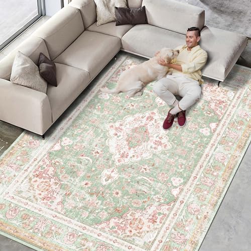 Vhong Washable Area Rugs Boho Vintage Modern Neutral Large Carpet Green and Pink High Traffic Rugs 5×7 for Dinning Room Living Room Bedroom Farmhouse Non Slip - color: Green/Pink, size: 5' x 7' (Rectangular)