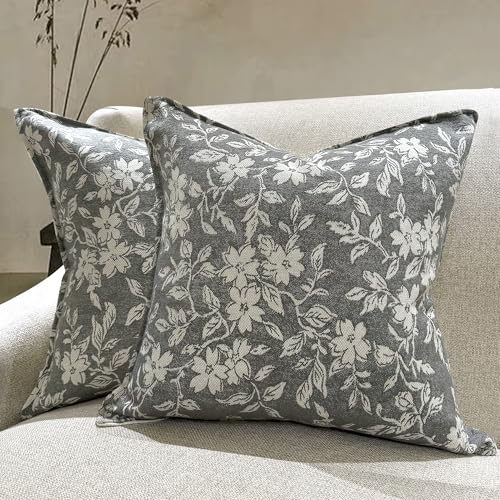 Floral Pillow Covers 20x20 Vintage Farmhouse Jacquard Pillow Covers, 2 Pack - color: B-grey-flower, size: 20" x 20" (Pack of 2)