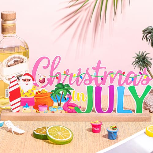 MiniInflat Christmas in July Metal Sign Rustic Table Decor Holiday Tiered Tray Decor with Wooden Base Freestanding Metal Word Sign for Home Tabletop Centerpiece Mantel Shelf Fireplace - style: Christmas in July