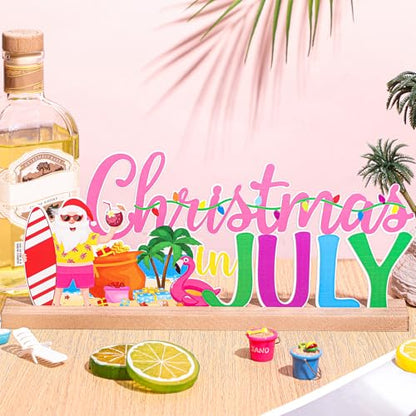 MiniInflat Christmas in July Metal Sign Rustic Table Decor Holiday Tiered Tray Decor with Wooden Base Freestanding Metal Word Sign for Home Tabletop Centerpiece Mantel Shelf Fireplace - style: Christmas in July