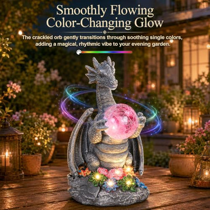 Solar Dragon Garden Statues Outdoor Decor, Resin Pterosaur Figurine Decoration with Glass Ball Lantern, Cute Sculpture for Patio, Yard, Lawn, Perfect Garden Gift for Women Mom Grandma