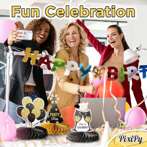Happy Birthday Table Decoration Centerpieces - 8 Pieces, Black & Gold - Double-Sided Happy Birthday Centerpieces for Tables - Party Supplies for Elegant Birthday Decorations - by PixiPy - style: Black & Gold (Pack of 8)