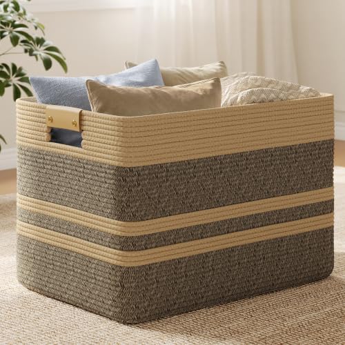 Nunsino 96L Blanket Basket with Leather Handles,Laundry Basket,Dark Brown - color: Dark Brown, size: 96L
