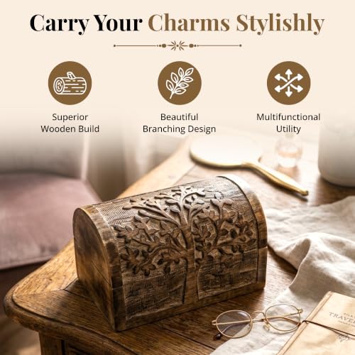 Premium Handmade Wooden Treasure Chest Decorative Trunk for Keepsakes Semicircular Curved Floral Jewellery Box Trinket Box Ladies Jewellery Storage Case Handcrafted Home Decor (Plain Tree)