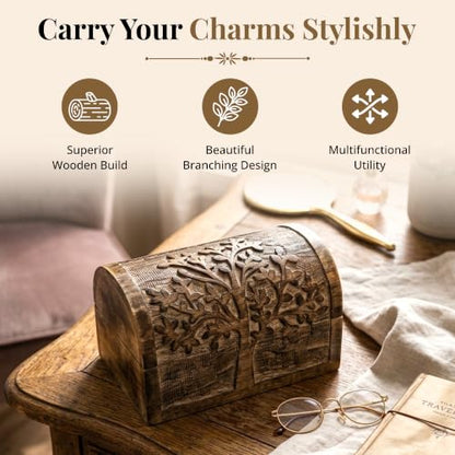 Premium Handmade Wooden Treasure Chest Decorative Trunk for Keepsakes Semicircular Curved Floral Jewellery Box Trinket Box Ladies Jewellery Storage Case Handcrafted Home Decor (Plain Tree)