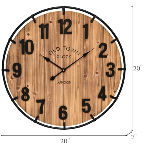 EMAX HOME Large Old Town Farmhouse Wall Clock 20 Inches - Rustic Antique Wood with Metal Circle and Large Numerals Silent Battery Operated Wall Clock for Office Kitchen Bedroom Living Room - color: Brown, size: 20 Inch