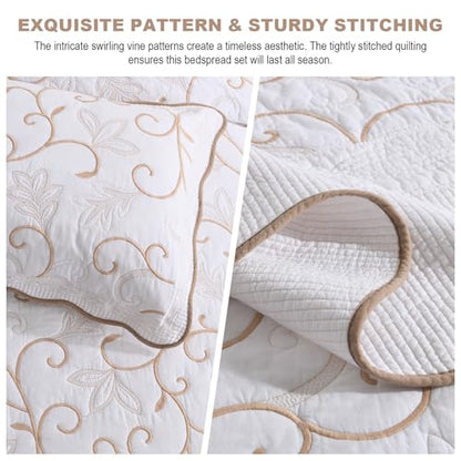 100% Cotton Oversized Bedspread Quilt Coverlet Set, 120"x120" - color: White/Beige-gold, size: King/Cal King(120"x120")