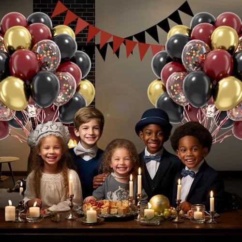 60pcs Black Burgundy and Gold Balloons 12inch with Confetti Balloons - color: Black Red Gold